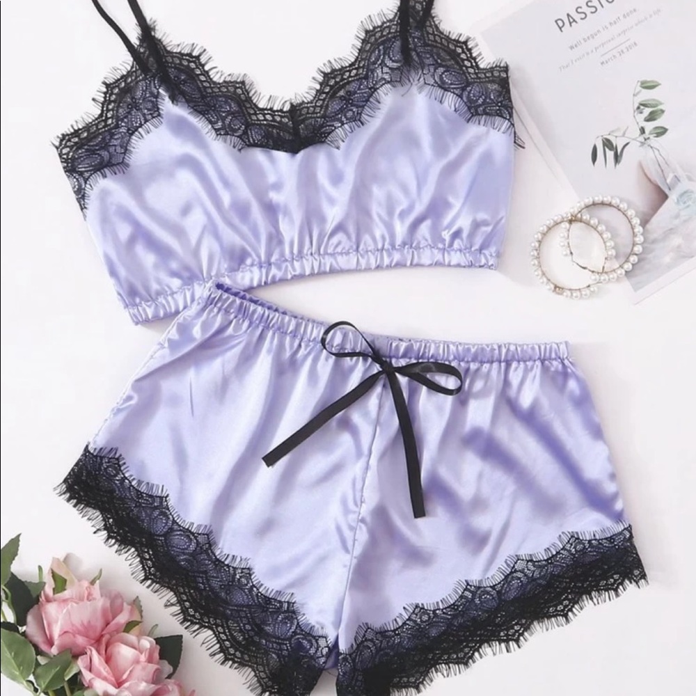 Purple & Black Lace 2 Pc Bralette & Silk Shorts